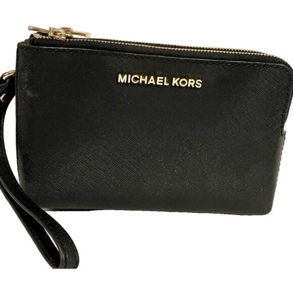 Michael Kors Black Leather Double Zip Wristlet‎ Wallet Clutch Purse Gold Tone